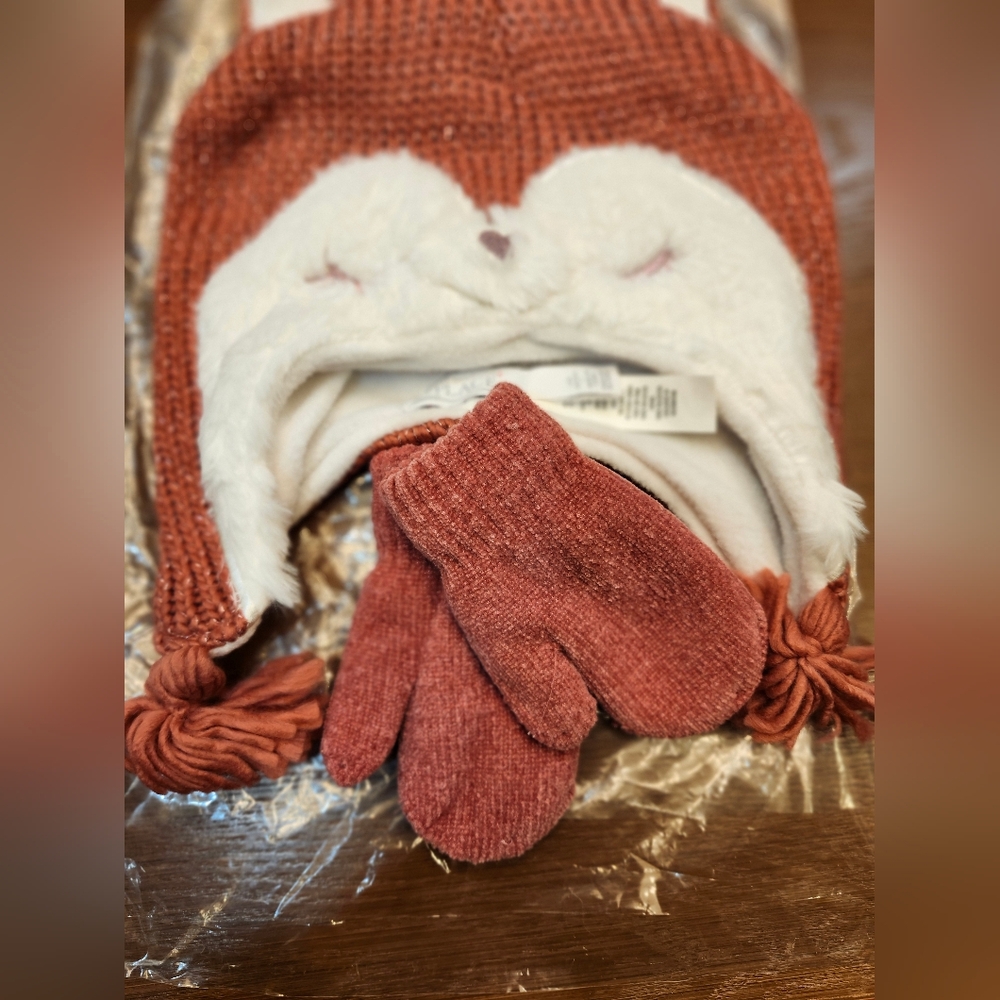 ❄️ The Children's Place Rust Owl Hat and Mittens Set- 4Y/5T